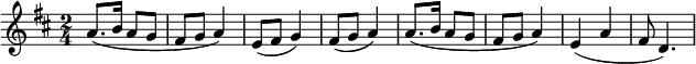 
 \relative d''{
   \key d \major
   \time 2/4

% 1st time
   a8. (b16 a8 g8 fis8 g8 a4) e8 (fis8 g4) fis8 (g8 a4)

% 2nd time
   a8. (b16 a8 g8 fis8 g8 a4) e4 (a4 fis8 d4.)
  }
