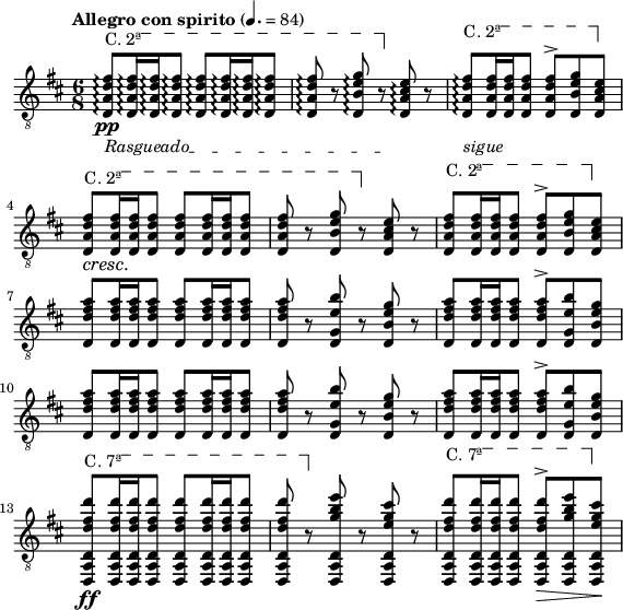 
\header {
  tagline = ""
}
foo = <<
\relative c \new Staff {
  \key d \major \time 6/8 \clef "treble_8"
  \set Staff.midiInstrument = "acoustic guitar (nylon)"
  \tempo "Allegro con spirito" 4. = 84
  \override TextSpanner #'dash-fraction = #'()
  \override TextSpanner #'font-shape = #'upright
  \override TextSpanner #'(bound-details left text) = \markup { "C. 2ª" }
  \override TextSpanner #'(bound-details right text) = \markup { \draw-line #'(0 . -2) }
  \override TextSpanner #'(bound-details right padding) = #-3
  \override TextSpanner #'(bound-details left stencil-align-dir-y) = #0.8
  \stemUp
  <d a' d fis>8\arpeggio\pp \startTextSpan q16\arpeggio q\arpeggio q8\arpeggio q\arpeggio q16\arpeggio q\arpeggio q8\arpeggio |
  q\arpeggio r <d b' e g>\arpeggio \stopTextSpan r <d a' cis e>\arpeggio r |
  <d a' d fis>\arpeggio \startTextSpan q16 q q8 q^> <d b' e g> \stopTextSpan <d a' cis e> |
  \override DynamicTextSpanner #'dash-period = #-1.0
  <d a' d fis>8\cresc \startTextSpan q16 q q8 q q16 q q8 |
  q r <d b' e g> \stopTextSpan r <d a' cis e> r |
  <d a' d fis> \startTextSpan q16 q q8 q^> <d b' e g> \stopTextSpan <d a' cis e> |
  \break
  \repeat unfold 2 {
  <d d' fis a>8 q16 q q8 q q16 q q8 | q r <d g e' b'> r <d b' e g> r | <d d' fis a> q16 q q8 q^> <d g e' b'> <d b' e g> |
  }
  \break
  \override TextSpanner #'(bound-details left text) = \markup { "C. 7ª" }
  <d, a' d d' fis d'>\ff \startTextSpan q16 q q8 q q16 q q8 |
  q \stopTextSpan r <d a' d g' b e> r <d a' d e' g cis> r |
  <d a' d d' fis d'> \startTextSpan q16 q q8 q^>\> <d a' d g' b e> \stopTextSpan <d a' d e' g cis>\! |
}
\new Dynamics {
  \override TextSpanner #'(bound-details left-broken text) = ##f 
  \override TextSpanner #'(bound-details right-broken text) = ##f
  \override TextSpanner #'(bound-details left text) = \markup { "Rasgueado" }
  s2.\startTextSpan | s4. s \stopTextSpan |
  \override TextSpanner #'(bound-details left text) = \markup { "sigue" }
  \override TextSpanner #'dash-period = #-1.0
  s2. \startTextSpan | s s
  s s s
  s s s \stopTextSpan
}
>>
\score {
  \foo
  \layout {
   % ragged-last = ##t
    indent = 0\cm
   line-width = #140
  }
}
\score {
  \unfoldRepeats
  \foo
  \midi { }
}
