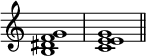 
{
\override Score.TimeSignature #'stencil = ##f
\relative c' {
   \clef treble 
   \time 4/4
   \key c \major
   <b dis f g>1 <c e e g> \bar "||"
} }
