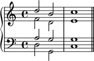 
    {
      \new PianoStaff <<
        \new Staff <<
            \new Voice \relative c'' {
                \stemUp \clef treble \key c \major \time 4/4
                d2 b c1
                }
            \new Voice \relative c' {
                \stemDown
                f2 d e1
                }
            >>
        \new Staff <<
            \new Voice \relative c' {
                \stemUp \clef bass \key c \major \time 4/4
                a2 g g1
                }
            \new Voice \relative c {
                \stemDown
                d2 g, c1 \bar "||"
                }
            >>
    >> }
