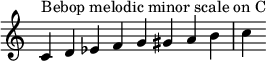  {
\override Score.TimeSignature #'stencil = ##f
\relative c' {
  \clef treble \time 8/4
  c4^\markup { Bebop melodic minor scale on C } d es f g gis a b c
} }
