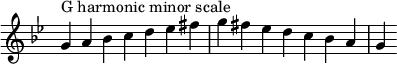  {
\omit Score.TimeSignature \relative c'' {
  \key g \minor \time 7/4 g^"G harmonic minor scale" a bes c d es fis g fis es d c bes a g
} }
