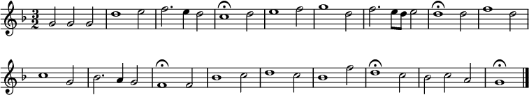 
\new Staff <<
  \set Staff.midiInstrument = "trumpet"
  \override Score.BarNumber  #'transparent = ##t
  \time 3/2
  \key f \major 
  \relative c'' {
    g2 g g | d'1 e2 | f2. e4 d2 | c1\fermata
    d2 | e1 f2 | g1 d2 | f2. e8 d e2 | d1\fermata
    d2 | f1 d2 | c1 g2 | bes2. a4 g2 | f1\fermata
    f2 | bes1 c2 | d1 c2 | bes1 f'2 | d1\fermata 
    c2 | bes2 c a | g1\fermata \bar "|."
  }

>>
\layout { indent = #0 }
\midi { \tempo 2 = 120 }
