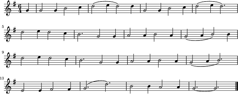 
\new Staff <<
\autoBeamOff
  \time 6/4
  \key g \major
  \partial 4
  \relative c' { \set Staff.midiInstrument = #"clarinet"
  g'4 | g2 g4 b2 c4 | d2 ( e4 d2 ) d4 | g,2 g4 b2 c4 | d2 ( e4 d2. ) \break |
  d2 e4 d2 c4 | b2. g2 g4 | a2 a4 b2 a4 | \stemUp g2 ( a4 b2 ) \stemNeutral b4 \break |
  d2 e4 d2 c4 | b2. g2 g4 | a2 a4 b2 a4 | \stemUp g2 ( a4 b2. ) \break |
  \stemNeutral e,2 e4 fis2 fis4 | g2. ( d'2. ) | b2 b4 a2 a4 | g2. ~ g2. \bar "|."
  }
>>
\layout { indent = #0 }
\midi { \tempo 4 = 170 }
