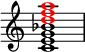 
\fixed c' {
  \omit Score.TimeSignature
  <c e g bes \tweak NoteHead.color #red d' \tweak NoteHead.color #red f' \tweak NoteHead.color #red a'>1
}
