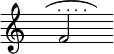 
{ \time 4/2 \override Score.TimeSignature #'stencil = ##f \override TextScript #'avoid-slur = #'inside \override TextScript #'outside-staff-priority = ##f \slurUp \hideNotes f''4( \unHideNotes f'2^\markup { \halign #0 . . . . } \hideNotes f''4) }