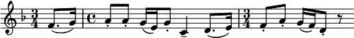 
\new Score {
  \new Staff {
    \relative c'' {
      \time 3/4
      \key f \major
      \clef treble
      \set Score.tempoHideNote = ##t
      \tempo 4 = 90
      \partial 4 f,8.( g16) |
      \time 4/4
      a8-. a-. g16( e) g8-. c,4-- d8.( e16) |
      \time 3/4
      f8-. a-. g16( f) d8-. r
    }
  }
}
