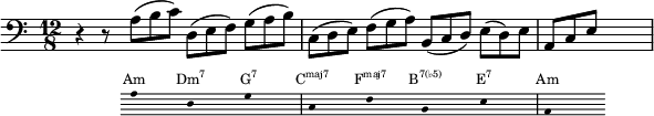  
{ \new Staff \relative c' { 
   \set Staff.midiInstrument = #"cello" \clef F \time 12/8
   r r8 << {a( b c) | d,( e f) g( a b) | c,( d e) f( g a) | b,( c d) e( d) e | a, c e}
   \new Staff = "chords" \with {
      \omit TimeSignature
      \magnifyStaff #2/3
      firstClef = ##f
    } \relative c' 
 { \set Staff.midiInstrument = #"cello" \clef F
 {\hide Stem a8 s s d, s s g s s c, s s f s s b, s s e s s a, s s}}
\addlyrics \with { alignAboveContext = "chords" } { \override LyricText.font-size = #-1.5 Am \markup{\concat{Dm\super{7}}} \markup{\concat{G\super{7}}} \markup{\concat{C\super{maj7}}} \markup{\concat{F\super{maj7}}} \markup{\concat{B\super{7(♭5)}}} \markup{\concat{E\super{7}}} Am
   } >>
 s1 s8
} }
