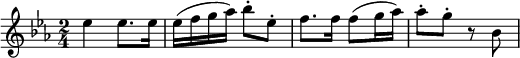 
  \relative ees'' {
    \key ees \major \time 2/4
     ees ees8. ees16
     ees16( f16 g16 aes16) bes8-. ees,8-.
     f8. f16 f8( g16 aes16)
     aes8-. g8-. r8 bes,8
   }
