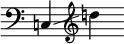 
     {
       \override SpacingSpanner.strict-note-spacing = ##t
       \set Score.proportionalNotationDuration = #(ly:make-moment 1/8)
       \clef bass \omit Score.TimeSignature
       \relative c{c!4 \glissando \clef treble d''!}
     }
   