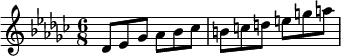 
 \relative c' {
   \key ges \major
   \time 6/8

% Notes with -es suffixes indicating flats
   des8 es ges aes bes ces

% Notes without accidentals (naturals)
   b c d e g a
  }
