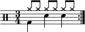 
\new Staff <<
 \new voice \relative c' {
 \clef percussion
 \numericTimeSignature
 \time 3/4
 \set Score.tempoHideNote = ##t \tempo 4 = 100
 \stemDown \repeat volta 2 { g4 d' d }
 }
 \new voice \relative c'' {
 \override NoteHead.style = #'cross
 \stemUp \repeat volta 2 { a8[ a] a[ a] a[ a] }
 }
>>
