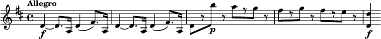 
\relative c' { \set Staff.midiInstrument = #"string ensemble 1"
  \key d \major
  \tempo "Allegro" \set Score.tempoHideNote = ##t \tempo 4 = 144
  d4~\f d8. a16 d4( fis8.) a,16 |
  d4~ d8. a16 d4( fis8.) a,16 |
  d8[ r b''\p] r a[ r g] r |
  fis8[ r g] r fis[ r e] r | <d, d'>4\f
}
