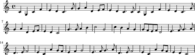 \relative c' { c g c f e d c4. g'8 g4 a d, e8 f8 e4 d c4. c8 c4 g c f e d c4. g'8 g4 a d, e8 f8 e4 d c2 g'4. g8 a4 b c2 g c4 b a g g8 f e f d2 e4. f8 g4. a8 d,4. e8 f2 e4 c a' g8 f e4 f g2 e4. f8 g4. a8 d,4. e8 f2 e4 c a' g8 f e4 d c2}