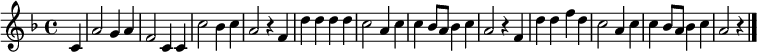 
\relative c' { \key f \major \time 4/4 \partial 4
             c4 | a'2 g4 a4 | f2 c4 c4 | c'2 bes4 c4 | a2 r4 f4 |
             d'4 d4 d4 d4 | c2 a4 c4| c4 bes8 a8 bes4 c4| a2 r4 f4 |
             d'4 d4 f4 d4 | c2 a4 c4| c4 bes8 a8 bes4 c4| a2 r4| \bar "|."
}
%{
\addlyrics {
     Wir | hat -- ten ge -- | bau -- et ein | statt -- li -- ches | Haus und |
     drin auf Gott ver -- | trau -- et trotz | Wet -- te -- r, Sturm und | Graus, und
     drin auf Gott ver -- | trau -- et trotz | Wet -- te -- r, Sturm und | Graus.
}
%}
