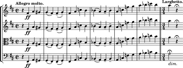 
\new StaffGroup <<
 \new Staff { \relative c' { \key b \minor \time 2/2 \tempo "Allegro molto."
  \set Staff.midiInstrument = "violin"
  \set Score.tempoHideNote = ##t \tempo 1 = 100
  r4 fis\ff a gis g( fis) fis--( g--) fis a c b bes( a) a-- bes-- a c f g a bes c bes \bar "||"
  \tempo "Larghetto." \time 3/4 a
  \set Score.tempoHideNote = ##t \tempo 1 = 40
  r\fermata } }
 \new Staff { \relative c' { \key b \minor \time 2/2
  \set Staff.midiInstrument = "violin"
  r4 fis\ff a gis g( fis) fis--( g--) fis a c b bes( a) a-- bes-- a c f g a bes c bes \bar "||" \time 3/4 a r\fermata } }
 \new Staff { \relative c' { \key b \minor \time 2/2 \clef C
  \set Staff.midiInstrument = "violin"
  r4 fis,\ff a gis g( fis) fis--( g--) fis a c b bes( a) a-- bes-- a c f g a bes c bes \bar "||" \time 3/4 a r\fermata } }
 \new Staff { \relative c { \key b \minor \time 2/2 \clef bass
  \set Staff.midiInstrument = "cello"
  r4 fis, \ff a gis g( fis) fis--( g--) fis a c b bes( a) a-- bes-- a c f g a bes c bes \bar "||" \time 3/4 << a2\fermata { s4\dim s4\! } >> } }
>>
