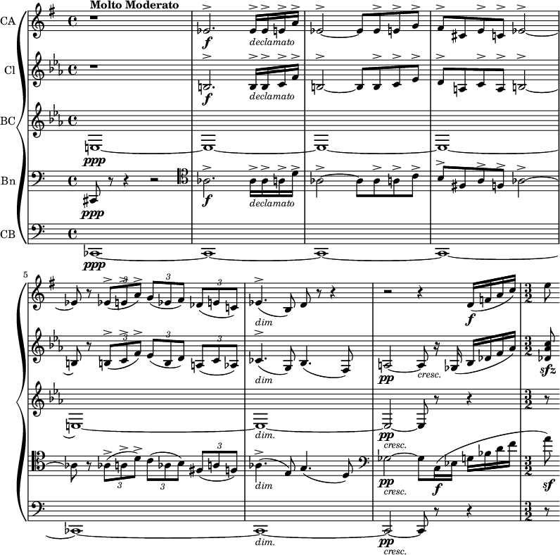 
{ \new PianoStaff 
  <<
\new Staff  \with { instrumentName="CA"}
  \relative c'
{ 
   \set Score.tempoHideNote = ##t  \tempo 2 = 35
  \set Staff.midiInstrument = #"english horn" 
  \set Staff.midiMinimumVolume = 0.2
  \set Staff.midiMaximumVolume = 0.7
  \key e  \minor 
  \clef treble 
  \time 4/4 
  r1^\markup { \bold "Molto Moderato" }
  ees2.^\accent\f ees16^\accent_\markup { \italic \small declamato } ees^\accent e^\accent a^\accent |
  ees2^\accent~ ees8 ees^\accent  e^\accent g^\accent |
  fis^\accent cis e^\accent c^\accent ees2^\accent~ | 
  ees8 r8 \tuplet 3/2 {ees^\accent\=1( e^\accent a^\accent\=1)} \tuplet 3/2 {g\=1( ees fis\=1)} \tuplet 3/2 {des\=1( e c!\=1)} | 
  ees4.^\accent\=1(_\markup {\italic \smaller"dim" } b8\=1) d8 r8 r4 |
  r2 r4 d16\f\=1( f a c\=1)|
  \time 3/2
  e8
  }
\new Staff  \with { instrumentName="Cl"}
\relative c'
{ 
  \set Staff.midiInstrument = #"clarinet" 
  \set Staff.midiMinimumVolume = 0.2
  \set Staff.midiMaximumVolume = 0.7 
  \transposition a
  \key c \minor 
  \clef treble 
  \time 4/4
  r1
  b2.^\accent\f b16^\accent_\markup { \italic \small declamato } b^\accent c^\accent f^\accent |
  b,2^\accent~ b8 b^\accent c^\accent ees^\accent |
  d^\accent a c^\accent a^\accent b2^\accent~ | 
   b8 r8 \tuplet 3/2 {b^\accent\=1( c^\accent f^\accent\=1)} \tuplet 3/2 {ees\=1( b d\=1)} \tuplet 3/2 {a\=1( c aes\=1)} |
   ces4.^\accent\=1(_\markup {\italic \smaller"dim" } g8\=1) bes4.\=1( f8\=1) |
   a2\pp~ a8_\markup {\italic \smaller "cresc."} r16 ges16\=1( bes des f aes\=1) |
   < des, aes' c >8\sfz 
  }
\new Staff  \with { instrumentName="BC"}
\relative c'
{ 
  \set Staff.midiInstrument = #"clarinet" 
  \set Staff.midiMinimumVolume = 0.2
  \set Staff.midiMaximumVolume = 0.7 
  \transposition a
  \key c \minor 
  \clef treble 
  \time 4/4
  e,1\ppp\=1~|
  e~ |
  e~ |
  e~ |
  e~ |
  e~_\markup {\italic \smaller "dim." } |
  e2~\pp_\markup{\italic \smaller "cresc."} e8 r8 r4
  r8
}
\new Staff  \with { instrumentName="Bn"}
\relative c'
{ 
  \set Staff.midiInstrument = #"bassoon" 
  \set Staff.midiMinimumVolume = 0.2
  \set Staff.midiMaximumVolume = 0.7 
  \key c \major 
  \clef bass 
  \time 4/4
  cis,,8\ppp r8 r4 r2
  \set Staff.clefGlyph = "clefs.C"
  des'2.^\accent\f des16^\accent_\markup { \italic \small declamato } des^\accent d^\accent g^\accent |
  des2^\accent~ des8 des^\accent d^\accent f^\accent |
   e^\accent bis d^\accent b^\accent des2^\accent~ |  
   des8 r8 \tuplet 3/2 {des^\accent\=1( d^\accent g^\accent\=1)} \tuplet 3/2 {f\=1( des e\=1)} \tuplet 3/2 {bis\=1( d b\=1)} |
   des4.^\accent\=1(_\markup {\italic \smaller"dim" } a8\=1) c4.\=1( g8\=1) |
   \set Staff.clefGlyph = "clefs.F"
   ges'2\pp_\markup {\italic \smaller "cresc."}~ ges8 c,16\f\=1( ees g bes d f |
   a8\=1)\sf
  }
\new Staff  \with { instrumentName="CB"}
\relative c'
{ 
  \set Staff.midiInstrument = #"bassoon" 
  \set Staff.midiMinimumVolume = 0.2
  \set Staff.midiMaximumVolume = 0.7 
  \key c \major 
  \clef bass 
  \time 4/4
  ces,,1\ppp\=1~|
  ces1~ |
  ces1~ |
  ces1~ |
  ces1~ |
  ces1~_\markup {\italic \smaller "dim." } |
  ces2~\pp_\markup{\italic \smaller "cresc."} ces8 r8 r4
  r8
}
>> 
}
