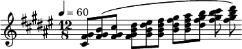 
\relative c' {
\key fis \major
\time 12/8
\tempo 4 = 60

<cis fis gis>8 <fis gis b>( <fis gis cis> <fis gis b dis> <gis b dis eis> <gis b dis fis>
<b dis fis gis> <b dis fis ais> <dis fis gis b> <fis gis b cis> <fis gis b dis>)

}
