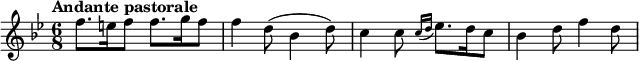 
\relative c'' {
  \key bes \major
  \tempo "Andante pastorale"
  \time 6/8
  f8. e16 f8 f8. g16 f8 | f4 d8(bes4 d8) | c4 c8 \grace{ c16[( d16]} es8.) d16 c8 | bes4 d8 f4 d8
}
