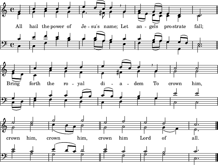 \transpose a c {
<< <<
\new Staff { \clef treble \time 4/4 \partial 4 \key a \major \set Staff.midiInstrument = "church organ" \set Score.tempoHideNote = ##t \override Score.BarNumber  #'transparent = ##t
  \relative e'' 
  << { e4 | a a a b | cis b8( a) b4 \breathe e, | fis e8( d) cis4 b | a2. \bar"||" \break
  e'4 | a a a b | cis b8( a) b4 \breathe e, | a2 a | \break
  cis cis | e e \bar"||" cis d | cis b | a2. \bar"|." } \\
  { cis,4 | e fis e e | e4. dis8 e4 e | d8([ cis]) b( a) a4 gis | a2.
  cis8( b) | a4 fis' e d | cis dis e e | e2 e |
  e a | a4( gis8 fis) gis2 | e fis | e e4( d) | cis2. } >>
}
\new Lyrics \lyricmode {
All4 hail the power of Je -- su's name;
Let an -- gels pro -- strate fall;2.
Bring4 forth the ro -- yal di -- a -- dem
To crown2 him, crown him, crown him,
crown him Lord of all.2.
}
\new Staff { \clef bass \key a \major \set Staff.midiInstrument = "church organ"
  \relative c'
  << { a'4 | cis d cis b | a b8( fis) gis4 a | a gis8( fis) e4 e8( d) | cis2. 
  e4 | e a a fis8( gis) | a( gis) fis4 gis e | cis'2 cis |
  cis a | cis4( b8 a) b2 | cis a | a gis | a2. } \\
  { a,4 | a d a' gis | a gis8( fis) e4 cis | d e8( fis) e4 e, | a2. 
  a8( b) | cis4 d cis b | a b e e | a,2 a |
  a' fis | e e | a d, | e e | a,2. } >>
}
>> >> }
\layout { indent = #0 }
\midi { \tempo 4 = 100 }
