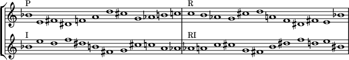 
{
\override Score.TimeSignature
#'stencil = ##f
\override Score.SpacingSpanner.strict-note-spacing = ##t
  \set Score.proportionalNotationDuration = #(ly:make-moment 3/1)
\new StaffGroup <<
   \new Staff 
      \relative c'' {
         \time 12/1
         bes1^\markup { P } e, fis dis f a d cis g aes b c
         c^\markup { R }  b aes g cis d a f dis fis e bes'
      }
   \new Staff {
      \relative c'' { 
         bes1^\markup { I } e d f dis b fis g cis c a aes
         aes^\markup { RI } a c cis g fis b dis f d e bis
      } }
>> 
}
