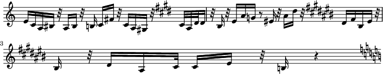   {
\override Score.TimeSignature #'stencil = ##f
\relative c' {
  \clef treble \key c \major \time 4/4  e16 c a bis r32 a16 bis r32 b16 c fis r32 c16 a gis r32   \clef treble \key e \major \time 4/4 cis a dis32 dis16 r32 b16 r32 e16 a g r8 eis16 r32 a16 dis r32   \clef treble \key cis \major \time 4/4 dis,16 fis bis, eis r32 bis16 r32 dis16 ais cis32 cis16 eis r32 b16 r4
  \clef guitar\key c \major
} }
