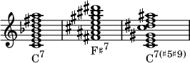  {
\override Score.TimeSignature #'stencil = ##f
\relative c' {
   \clef treble
   \time 4/4
   \key c \major
   \textLengthOn
   <c e g bes d fis a>1_\markup { \concat { "C" \raise #1 \small { "7" } } }
  <fis ais cis e gis bis dis>_\markup { \concat { "F♯" \raise #1 \small { "7" } } }
  <c e gis c dis f ais>_\markup { \concat { "C" \raise #1 \small { "7(♯5♯9)" } } }
} }
