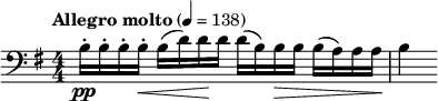  \relative c' { \set Staff.midiInstrument = #"cello" \clef bass \key e \minor \tempo "Allegro molto" 4 = 138 \numericTimeSignature \time 4/4 b16-.\pp b-. b-. b-.\< b( d) d\! d d( b) b\> b b( a) a a\! | b4 } 