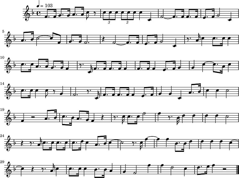 X:1
L:1/8
Q:1/4=103
M:4/4
I:linebreak $
K:F
V:1
 F>F G>G A>A c z | (3 ccc (3 ccc c2 C2 | F4-F>F F>F | E>F G4 C2 | A>B c4-c F| G>G F6 | z2 F4-F>F|E>F G4 C2|z>A c2 c>c c2 | c>c A>A G>G F2 |z>C F>F F>F F2 |F>F F2 E>F G2|G2 c2-c>A c2|c>c c2 c z G2|F6-z>C|F>F F>F F2 E>F|G2 G2 C2 A>B|c2 c2 c4|F2 z4 A>B|c>B A>G F2 z2|z>c c>c f4|f2 z>B d2 d2|d2 d2 c4|z2-z>A c>c c>c|c>d c2 A>B c2-|c4 z>c f2-|f2 f2 B>B d2|d2 d2 d2 c2- |c2 z2 z>A c2|c>c c2 B>B A2|G2 F4 f2|f2 d4 c2|d>e f2 z4|] %16