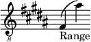 { \new Staff \with { \remove "Time_signature_engraver" } \clef "treble_8" \key b \major fis_"Range" (ais') }