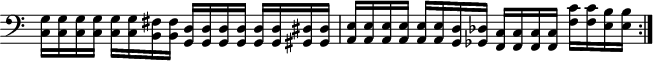 
\header { tagline = "" }
\score {
  \new Staff \with { \remove "Time_signature_engraver" }
  \repeat volta 2 {
    \clef "bass"
    {<c g>16 <c g> <c g> <c g> <c g> <c g> <b, fis> <b, fis> <g, d> <g, d> <g, d> <g, d> <g, d> <g, d> <gis, dis> <gis, dis> <a, e> <a, e> <a, e> <a, e> <a, e> <a, e> <g, d> <ges, des> <f, c> <f, c> <f, c> <f, c> <f c'> <f c'> <e b> <e b>}
  }
  \layout { }
}
\score { % "unfold" this score copy so MIDI plays the repeated section twice
  \unfoldRepeats {
    \repeat volta 2 {<c g>16 <c g> <c g> <c g> <c g> <c g> <b, fis> <b, fis> <g, d> <g, d> <g, d> <g, d> <g, d> <g, d> <gis, dis> <gis, dis> <a, e> <a, e> <a, e> <a, e> <a, e> <a, e> <g, d> <ges, des> <f, c> <f, c> <f, c> <f, c> <f c'> <f c'> <e b> <e b>}
  }
  \midi { }
}
