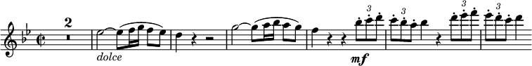  {\relative es'' { \key bes \major \time 2/2 \compressEmptyMeasures
R1*2 | es2~ _\markup { \italic "dolce" } es8( f16 g f8[ es]) | d4 r r2
g2~ g8( a16 bes a8[ g]) | f4 r r \tupletUp \times 2/3 { bes8-. \mf c-. d-. }
\times 2/3 { c8-. bes-. a-. } bes4 r \times 2/3 { d8-. es-. f-. } | \times 2/3 { es8-. d-. c-. } d4 }}