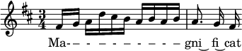 \relative c' { \clef treble \time 3/4 \key d \major \partial 8*5 fis16[ g] a[ d cis b] a[ b a b] | \autoBeamOff a8. g16 fis }  \addlyrics { Ma- – - – - – - – - – gni~ fi~ cat }