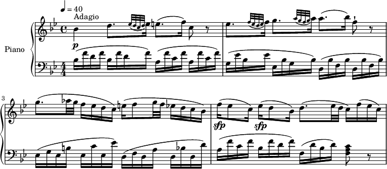 
\header {
  tagline = ##f
}
upper= \relative c' {
  \clef treble
  \key bes \major
  \time 4/4
  \tempo 4 = 40
  \set Staff.midiInstrument = #"piano"
     bes'4\p^\markup { Adagio } d8. [ \grace { ees32 (d c d } ees16]) e8. (f16) c8 r8
    ees8.[ \grace { f32 (ees d ees } f16]) g8. [ \grace { a32 (g f g } a16]) a8. (bes16) f8-! r8
    g8. (aes32 g f16 ees d c) e16 (f8 g32 f ees16 d c bes)
    f'16\sfp (ees8 c16) ees16\sfp (d8 bes16) d8. (ees32 d c16) f (ees c)
  }
lower=\relative c { \set Staff.midiMaximumVolume = #0.7
    \clef bass
    \key bes \major
    \numericTimeSignature
    \time 4/4
     bes'16 (f' d f bes, f' d f) a,  (f' c f a, f' c f)
    g,16 (ees' bes ees ees, bes' g bes) d,  (bes' f bes d, bes'  f bes)
    ees,16 (g ees b' ees, c' ees, ees') d,  (f d a' d, bes'!  d, d')
    a16 (f' c f bes, f' d f) f, (d' bes d) <f, a c>8 r8
  }
\score {
       \new PianoStaff \with { instrumentName = #"Piano" }
       <<
         \new Staff = "upper" \upper
         \new Staff = "lower" \lower
       >>
\layout { }
\midi { } }
