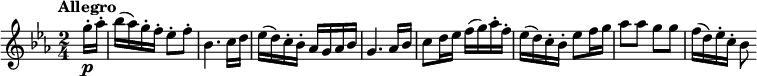 
 \relative c'' {
         \clef "treble" 
         \tempo "Allegro"
         \key ees \major
         \time 2/4 
         \tempo 4 = 120
     \partial 4 \partial 8   g'16-.\p aes-.
     bes (aes) g-. f-. ees8-. f-.
     bes,4. c16 d
     ees (d) c-. bes-. aes g aes bes
     g4. aes16 bes
     c8 d16 ees f (g) aes-. f-.
     ees (d) c-. bes-. ees8 f16 g
     aes8 aes g g
     f16 (d) ees-. c-. bes8
 }
