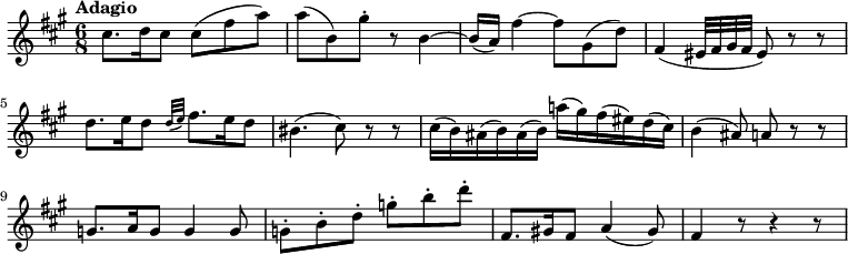 
\relative c'' {
  \key fis \minor
  \tempo "Adagio"
  \time 6/8
  cis8. d16 cis8 cis (fis a) | a (b,) gis'-. r b,4~ | b16 (a) fis'4~ fis8 gis, (d') | fis,4 (eis32 fis gis fis eis8) r r | d'8. e16 d8 \grace {d32 ([e32])} fis8. e16 d8 | bis4. (cis8) r r | cis16 (b) ais (b) ais (b) a'! (gis) fis (eis) d (cis) | b4 (ais8) a8 r r | g8. a16 g8 g4 g8 | g-. b-. d-. g-. b-. d-. | fis,,8. gis!16 fis8 a4 (gis8) | fis4 r8 r4 r8
}
