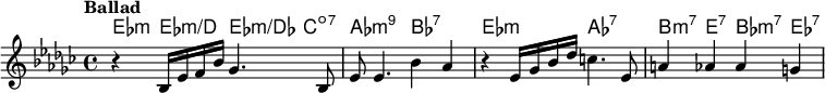 
\relative c' { 
<<
\new ChordNames { 
\set chordChanges = ##t
\chordmode {  
es:m es:m/d es:m/des c:dim7 | aes2:min9 bes:7 | es:m as:7 | b4:m7 e:7 bes:m7 es:7
}
}
\new Staff {
\tempo "Ballad"
\key es \minor
\set Score.tempoHideNote = ##t
\tempo 4 = 60
r4 bes16 es f bes ges4. bes,8 | es es4. bes'4 aes | r es16 ges bes des c4. es,8 | a4 aes aes g |
}
>>
}
