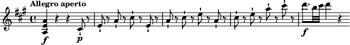 
\relative c'' { \set Staff.midiInstrument = #"violin"
  \key a \major
  \tempo "Allegro aperto"
  <a e a,>4\f r r cis,8-!\p r |
  e-! r a-! r cis-! r e,-! r |
  a-! r cis-! r e-! r a,-! r |
  cis-! r e-! r a-! r cis-! r |
  d8.\f b32 cis d4 r
}
