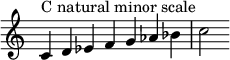  {
% ##f := false
\override Score.TimeSignature #'stencil = ##f
\relative c' { 
  % force bar line after 7th note
  \clef treble \time 7/4
  c4^\markup { C natural minor scale } d es f g aes bes c2
  }

}
