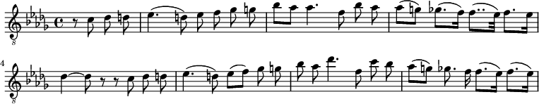 
\relative c' {
  \key des \major
  \clef "treble_8"
  \autoBeamOff
  \partial 2 r8 c des d | es4.( d8) es f ges g | bes[ as] as4. f8 bes as | as[( g)] ges8.[( f16)] f8..[( es32)] f8.[ es16] | des4~ des8 r r c des d | es4.( d8) es[( f)] ges g | bes as des4. f,8 c' bes | as[( g)] ges8. f16 f8.[( es16)] f8.[(es16)]
}
