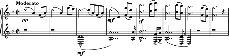 
\relative c'' {
  \new PianoStaff <<
    \new Staff {
      \set Staff.midiInstrument = #"piano" \key d \minor \clef treble \time 2/2 \set Score.tempoHideNote = ##t \tempo "Moderato" 4 = 110
      d2 \pp ( a4 ) f8 ( a ) |
      d2 ( a4 ) f'8 ( e ) |
      d2 ~ d8 ( a ) f ( a ) |
      d2 \mf ( d,4 ) <f f'>8 ( <d d'>8 ) |
      <bes' bes'>2. \sf <c c'>8 ( <d d'>8 ) |
      <a a'>2. <bes bes'>8 ( <a a'>8 ) |
      <g g'>2. <f f'>8 ( <e e'>8 ) |
      <f f'>2. r4
    } |
    \new Staff {
      \set Staff.midiInstrument = #"piano" \key d \minor \clef treble
      r1 |
      r1 |
      <d, d'>1 \mf -^ ( |
      <a' a'>2... ) <a a'>16 |
      <bes bes'>2.. -^ <f f'>16 -> <g g'>16 -> |
      <a a'>2.. ( <d, d'>8 |
      <d d'>2 ) r2 |
      r1 |
    }
  >>
}
