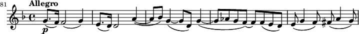 
\relative c' {
   \key d \minor \time 4/4 \tempo "Allegro"
  \set Staff.midiInstrument = "violin"
  \set Score.tempoHideNote = ##t \tempo 4 = 128
  \set Score.currentBarNumber = #81 \bar ""
 g'8.\p( f16) f2( g4) e8.( d16) d2 a'4(~ a8 bes) g4(~ g8 d) g4(~ g8 aes g f)~ f f(e d) e( g4 f8) fis( a4 g8) }
