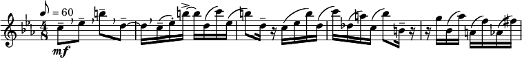  \relative c'' { \set Staff.midiInstrument = #"oboe" \clef treble \key c \minor \time 4/8 \tempo 8 = 60 c8--[\mf \breathe ees--] \breathe b'--[ \breathe d,--~] | d16[ \breathe c(-- ees-.) b'->~] b[ d,( c') ees,(] | b'8) d,16-- r c( ees b') d,( | c') des,( a') c,( bes'8) b,16-- r | r g' bes,( aes') a,( f') aes,( fis') } 