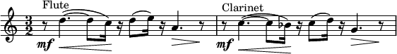 
 \relative c' { \clef treble \time 3/2 r8\mf^"Flute" d'4.~(\< d8 c16)\! r16 d8( e16) r16 a,4.\> r8\! r8\mf^"Clarinet" c4.~(\< c8 bes16)\! r16 c8( d16) r16 g,4.\> r8\!}
