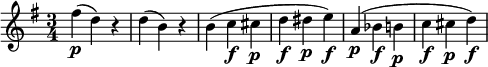 
\relative c'{
   \key g \major
   \time 3/4 
   \set Staff.midiInstrument = #"violin"

   \p fis'( d) r d( b) r b( c \f cis \p d \f dis \p e) \f a,( \p bes \f b \p c \f cis \p d \f)
}
