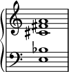 
\new PianoStaff <<
  \omit Score.TimeSignature
  \new Staff { <cis' fis' a'>1 }
  \new Staff { \clef bass <e bes>1 }
>>
