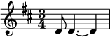 \relative c' { \time 3/4 \key d \major \tempo 4 = 90 \set Score.tempoHideNote = ##t d8 d4. ~ d4 } 