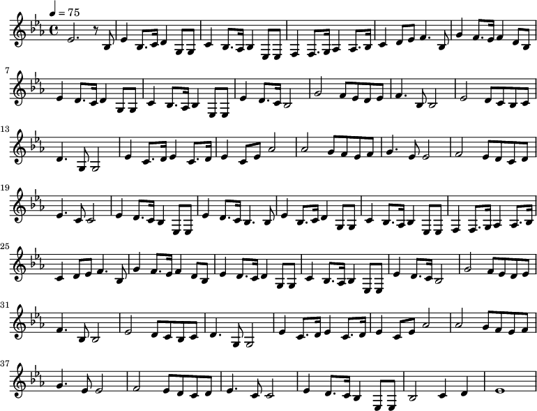 
 \relative c' {
   \key es \major
   \time 4/4
   \tempo 4=75
   es2. r8 bes es4 bes8. c16 d4 g,8 g c4 bes8. aes16 bes4 es,8 es f4 f8. g16 aes4 aes8. bes16 c4 d8 es8 f4. bes,8 g'4 f8. es16 f4 d8 bes8 es4 d8. c16 d4 g,8 g c4 bes8. aes16 bes4 es,8 es es'4 d8. c16 bes2 g' f8 es d es f4. bes,8 bes2 es2 d8 c bes c d4. g,8 g2 es'4 c8. d16 es4 c8. d16 es4 c8 es aes2 aes g8 f es f g4. es8 es2 f es8 d c d es4. c8 c2 es4 d8. c16 bes4 es,8 es es'4 d8. c16 bes4. bes8 es4 bes8. c16 d4 g,8 g c4 bes8. aes16 bes4 es,8 es f4 f8. g16 aes4 aes8. bes16 c4 d8 es8 f4. bes,8 g'4 f8. es16 f4 d8 bes8 es4 d8. c16 d4 g,8 g c4 bes8. aes16 bes4 es,8 es es'4 d8. c16 bes2 g' f8 es d es f4. bes,8 bes2 es2 d8 c bes c d4. g,8 g2 es'4 c8. d16 es4 c8. d16 es4 c8 es aes2 aes g8 f es f g4. es8 es2 f es8 d c d es4. c8 c2 es4 d8. c16 bes4 es,8 es bes'2 c4 d es1
  }
