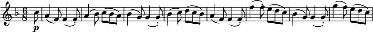 
\new Score {
  \new Staff {
    \relative c'' {
      \time 6/8
      \key f \major
      \clef treble
      \set Score.tempoHideNote = ##t
      \tempo 4. = 120
      \partial 8 c8\p | a4( f8) f4( f8-.) | a4( bes8) c( bes a) | bes4( g8) g4( g8-.) | bes4( c8) d( c bes) |
      a4( f8) f4( f8-.) | f'4( f8-.) e( d c) | bes4( g8) g4( g8-.) | g'4( f8) e( d c) |
    }
  }
}
