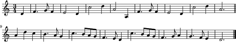 \relative c' { \set Staff.midiInstrument = #"flute" \time 3/4 \partial 4 d f4. g8 f4 e2 d4 c'2 d4 a2 a,4 f'4. g8 f4 e2 d4 c'2 d4 a2. \bar "||" \\ a4 d c b4. a8 g4 c4. b8 a g f4. e8 d4 c'4. b8 a g f4. g8 a4 g4. f8 e4 d2. \bar "|." }